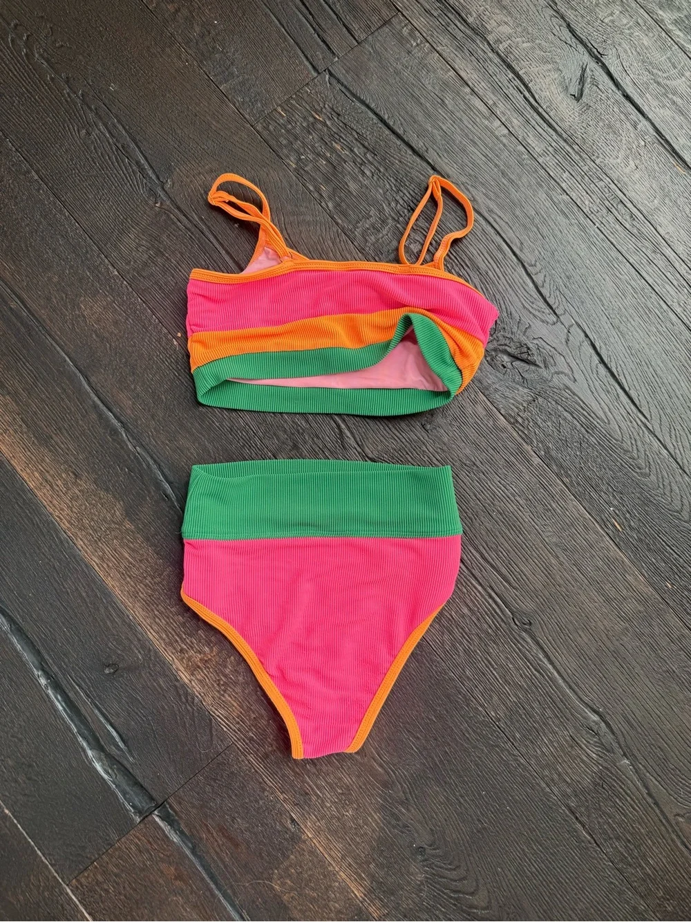 Beach Riot Pink, Orange & Green Colorblock Kids Bikini size 9/10